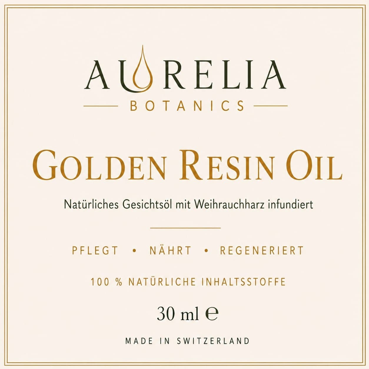 Front label of Golden Resin Oil: face oil infused with frankincense resin, 30 ml