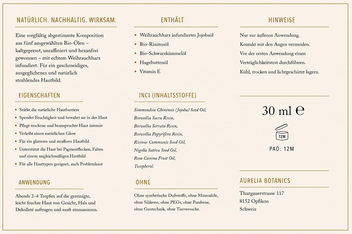 Back label of Golden Resin Oil: directions, oils, INCI list and notes