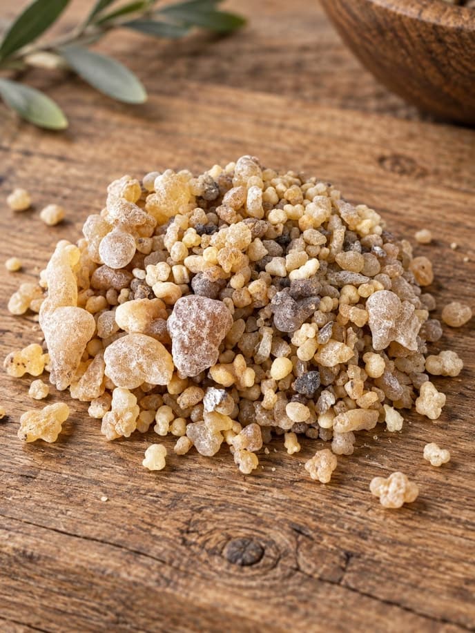 Frankincense resin tears on wood