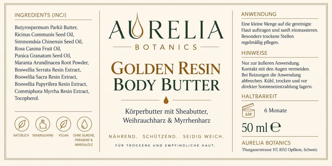 Golden Resin Body Butter label: INCI list, directions, notes and shelf life