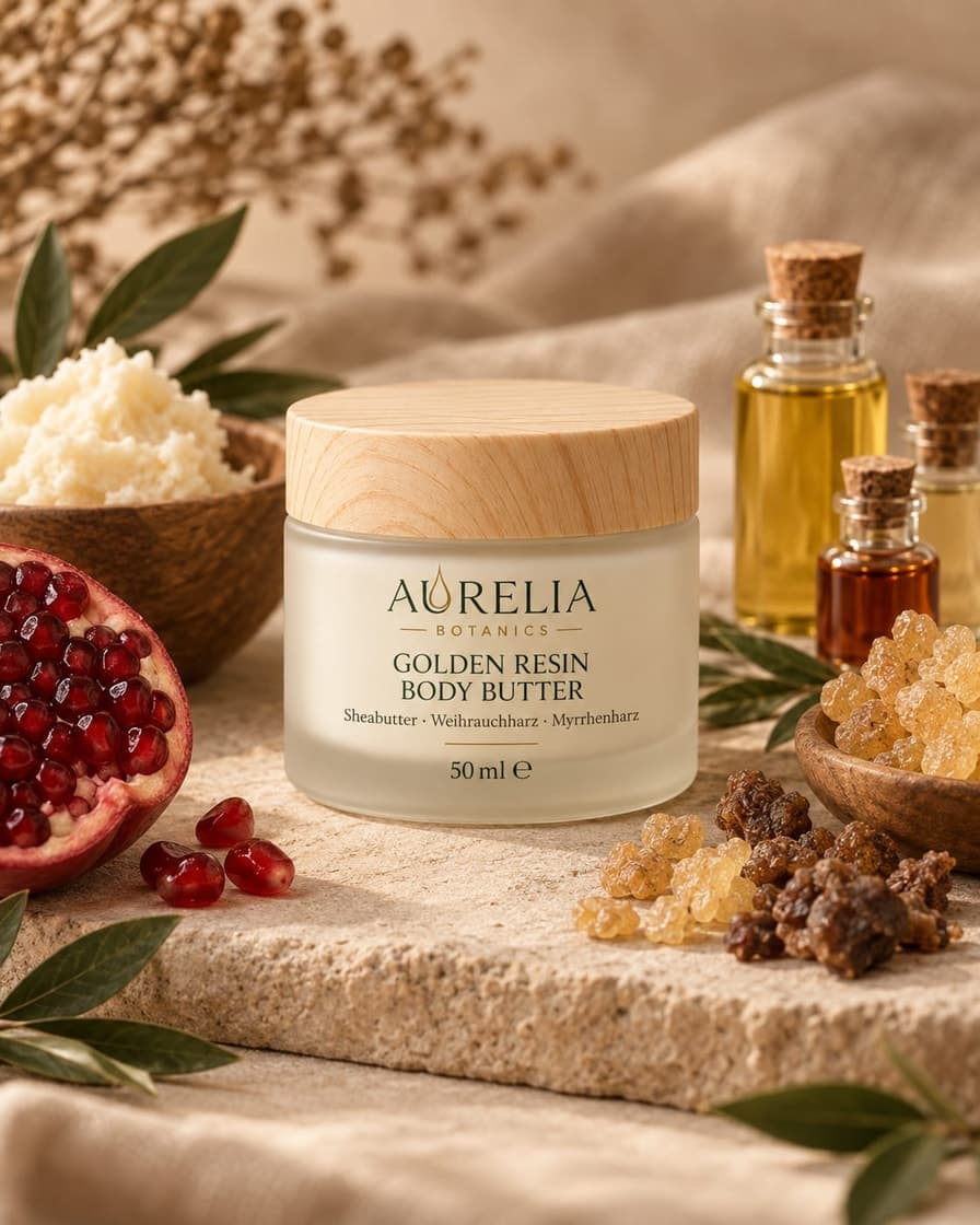 Golden Resin Body Butter: jar with wooden lid beside shea butter and myrrh resin