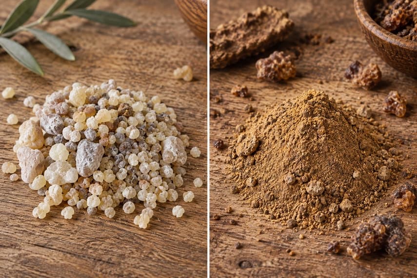 Frankincense resin tears and ground myrrh on wood