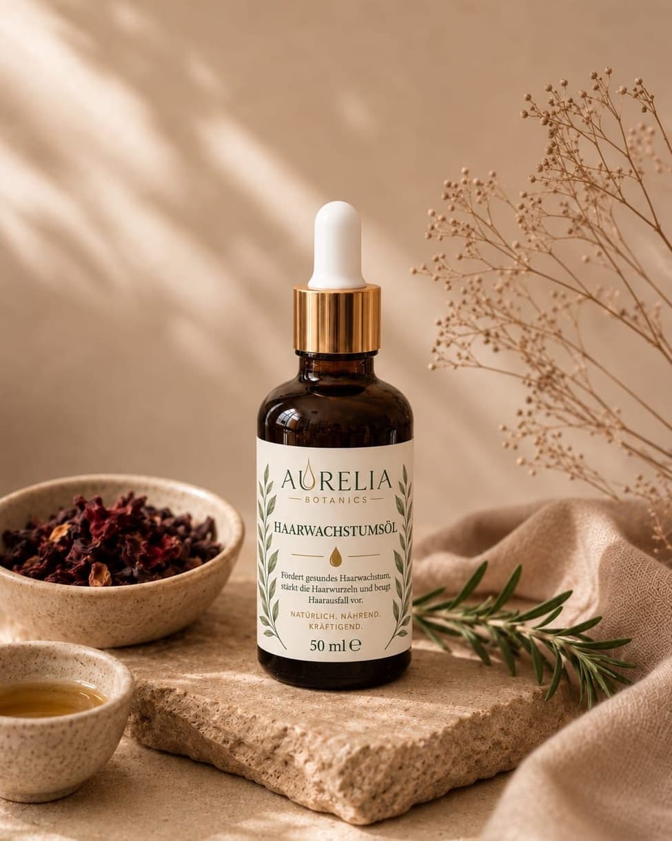 Hair Growth Oil: amber glass bottle with dropper, hibiscus flowers and rosemary