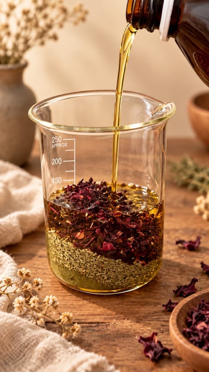 Golden plant oil poured over dried hibiscus flowers and rosemary